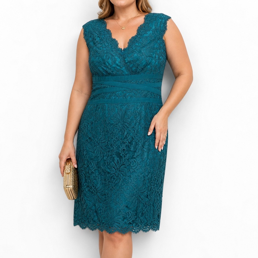 Tadashi Shoji Women Teal Blue Floral Lace Sheath Dress 14 3K896MX V-Neck Overlay